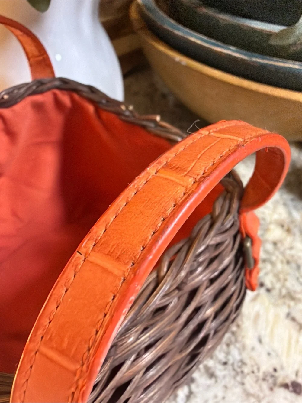 Wicker Basket Orange Cloth Lining Leather Straps Brass Hardware Small Decor